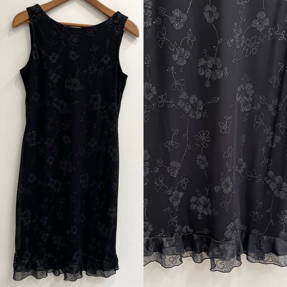 Vintage Dresses & Skirts - Vintage Y2K Black Floral Silver Glitter Sheer Overlay Mesh Dress Ruffle Hem L